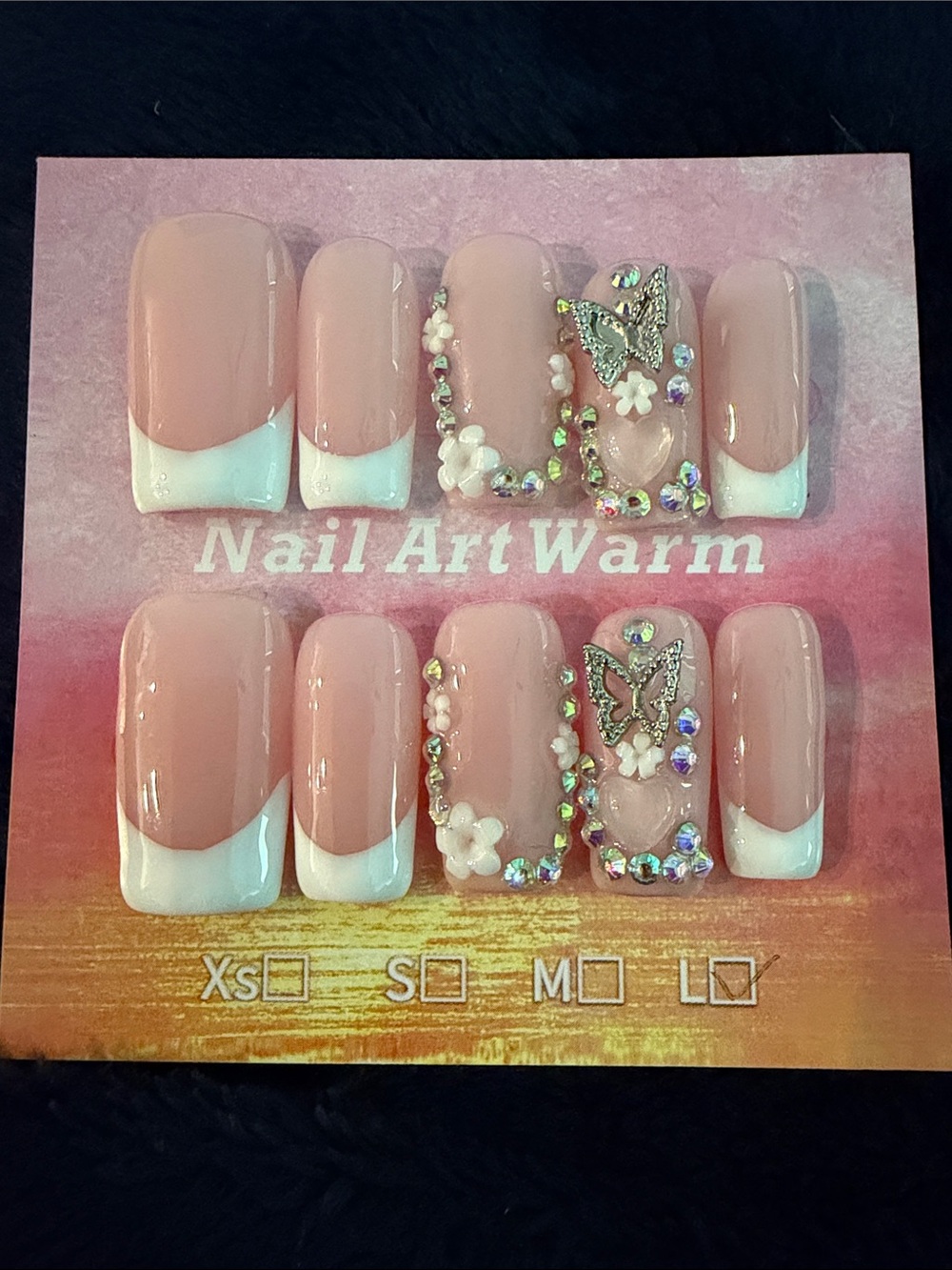 Pink & White French Tip handmadePress-On Nails with Rhinestone Butterfly Accents